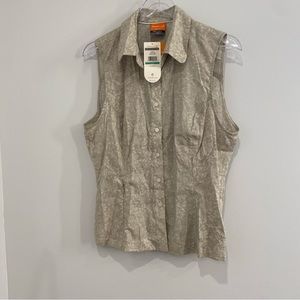 Merrell Bio Blend Hannah Button Down Sleeveless Women’s L Tan Print Shirt